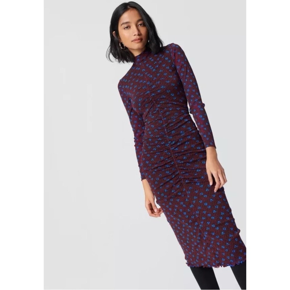 Diane Von Furstenberg Burgundy Midi Dress with Blue Floral Pattern